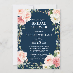 Blush Pink Floral Navy  Geometric Bridal Shower Invitation