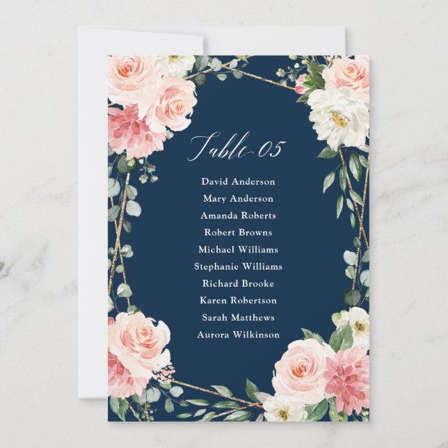 Blush Pink Floral Navy Geometric Seating Chart     Invitation (Back)