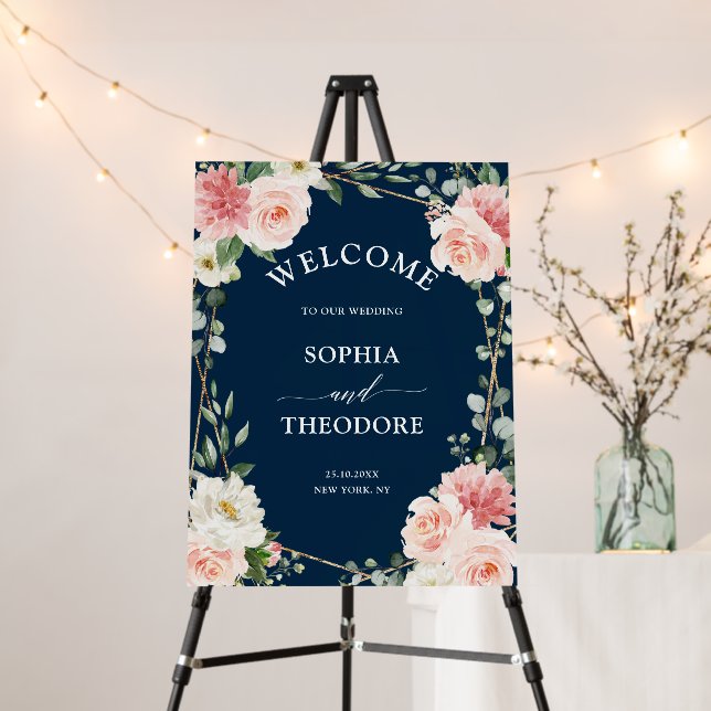 Blush Pink Floral Navy Geometric Wedding Welcome   Foam Board (In Situ (Stand))