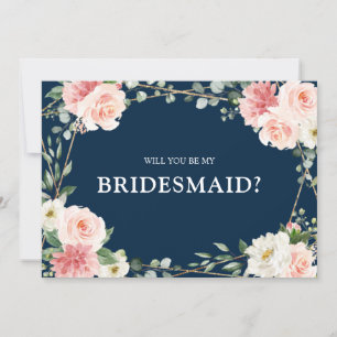Blush Pink Floral Navy Will You Be my bridesmaid Invitation