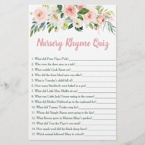 Blush Pink Floral Nursery Rhyme Baby Shower Game