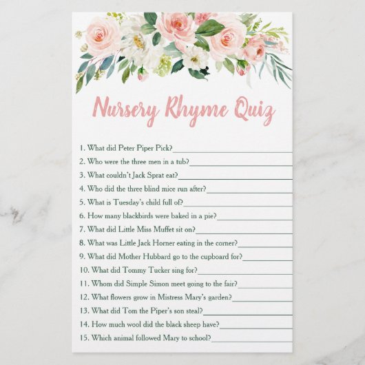 Blush Pink Floral Nursery Rhyme Baby Shower Game (Front)