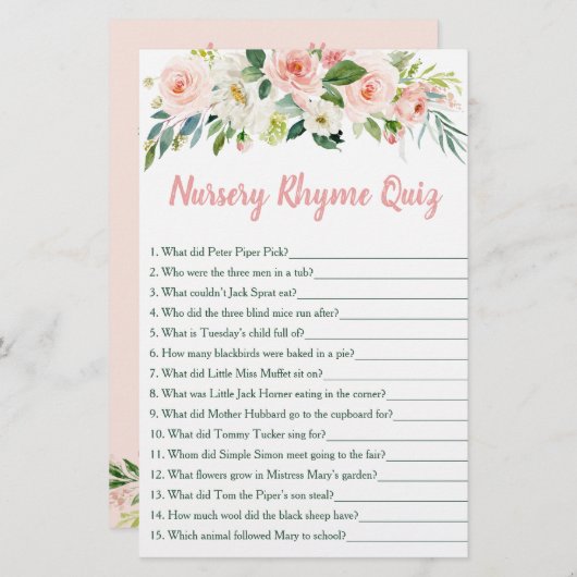 Blush Pink Floral Nursery Rhyme Baby Shower Game (Front/Back)