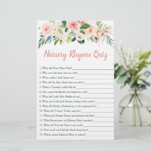 Blush Pink Floral Nursery Rhyme Baby Shower Game (Standing Front)