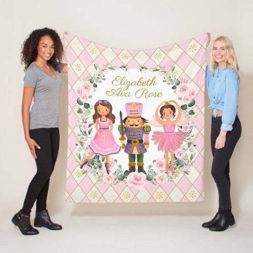 Blush Pink Floral Nutcracker Holiday Baby Girl Fleece Blanket