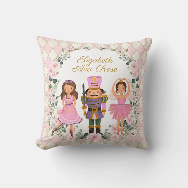 Blush Pink Floral Nutcracker Holiday Baby Nursery Throw Pillow (Front)