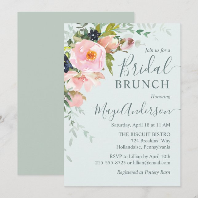 Blush Pink Floral on Light Blue Bridal Brunch Invitation (Front/Back)
