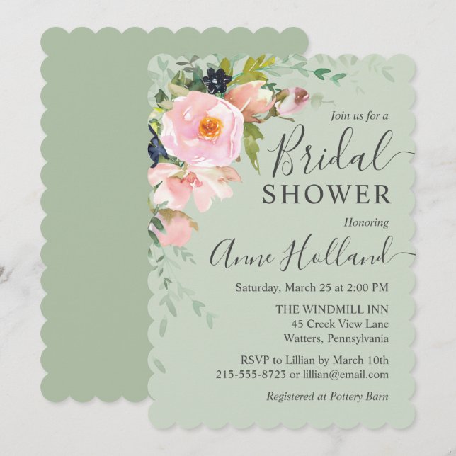 Blush Pink Floral on Sage Green Bridal Shower Invitation (Front/Back)