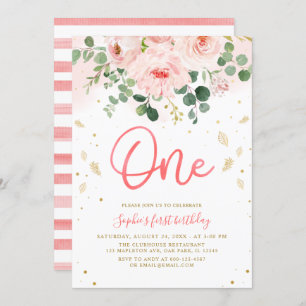 Blush Pink Floral One Baby Girl 1st Birthday Invitation