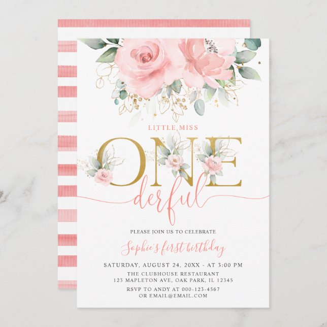 Blush Pink Floral Onederful Baby Girl 1st Birthday Invitation (Front/Back)