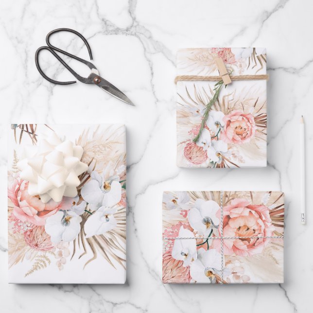 Blush Pink Floral Pampas Grass Pattern Elegant Wrapping Paper Sheets (Front)
