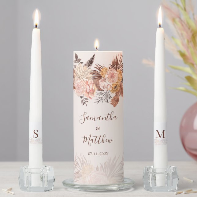 Blush Pink Floral Pampas Grass Script Wedding Unity Candle Set (In Situ)