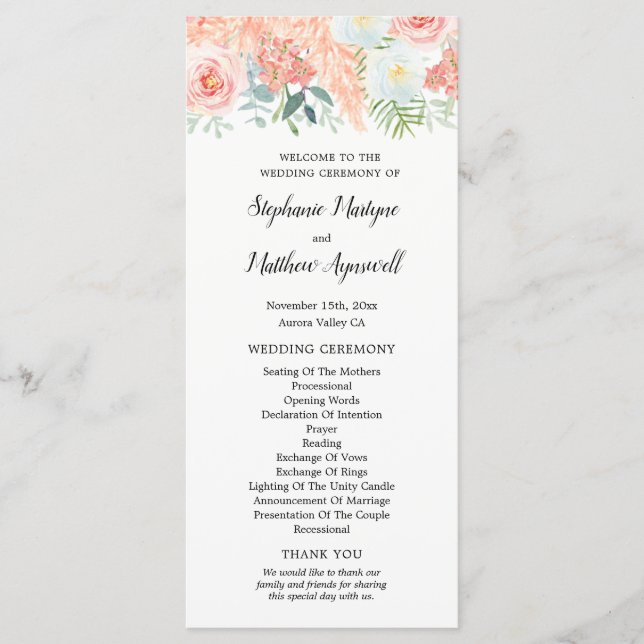 Blush Pink Floral Pampas Wedding Program (Front)