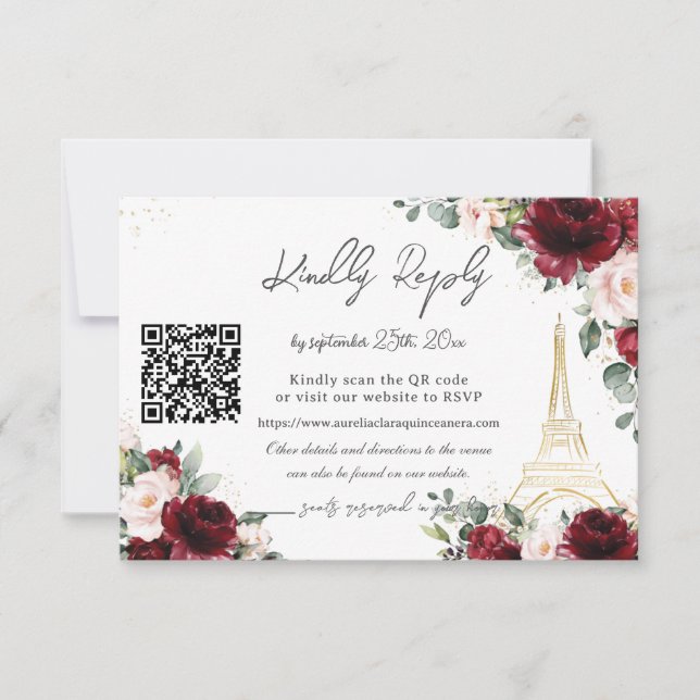 Blush Pink Floral Paris Eiffel Quinceañera QR  RSVP Card (Front)