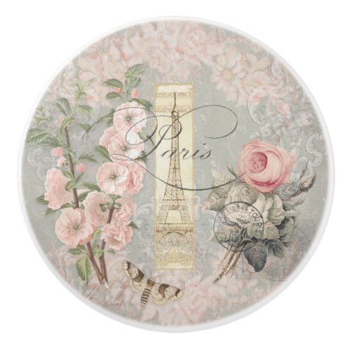 Blush Pink Floral Paris Vintage French Ephemera Ceramic Knob