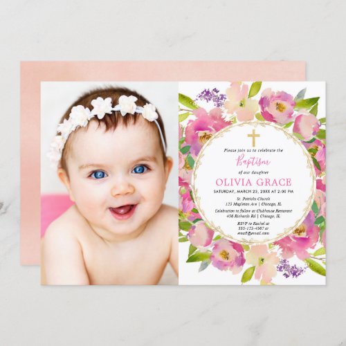 Blush pink floral pastels Baptism girl photo Invitation