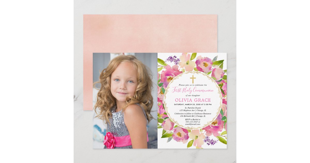 Blush pink floral pastels First Communion photo Invitation | Zazzle
