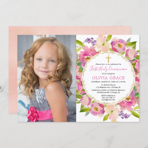 Blush pink floral pastels First Communion photo Invitation