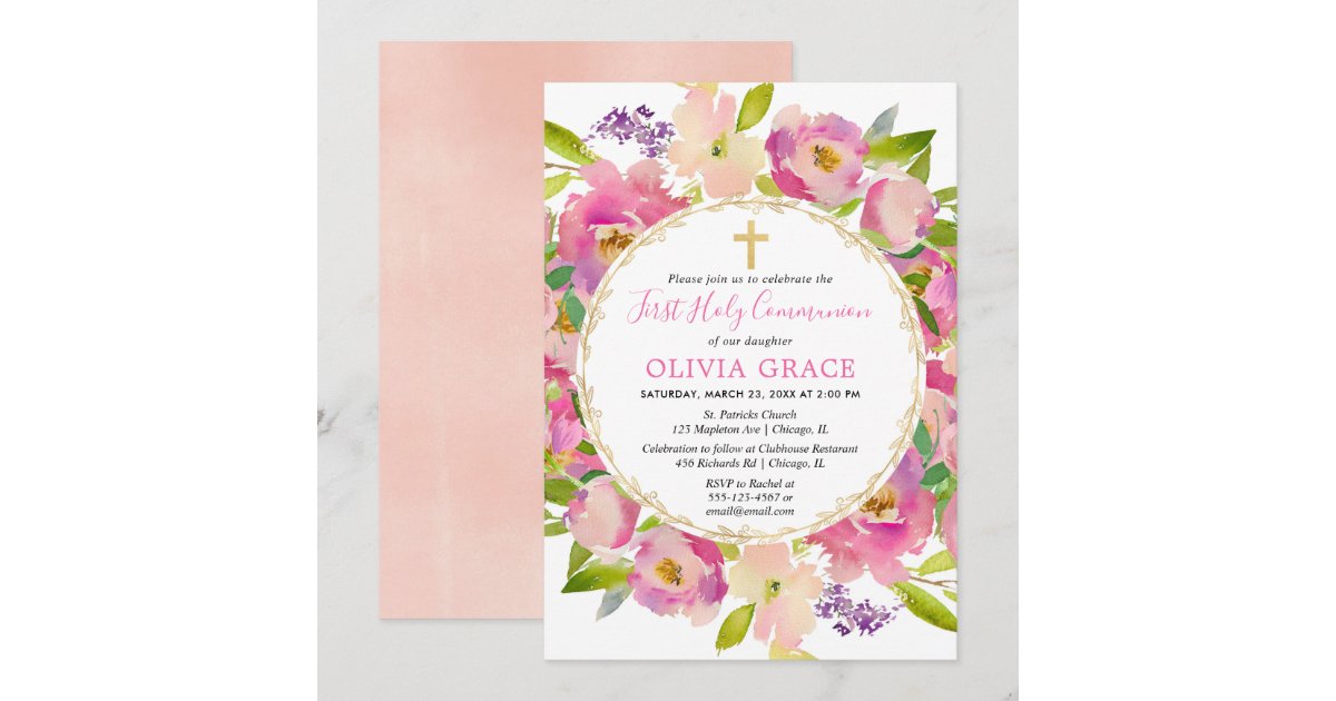 Blush pink floral pastels First Holy Communion Invitation | Zazzle