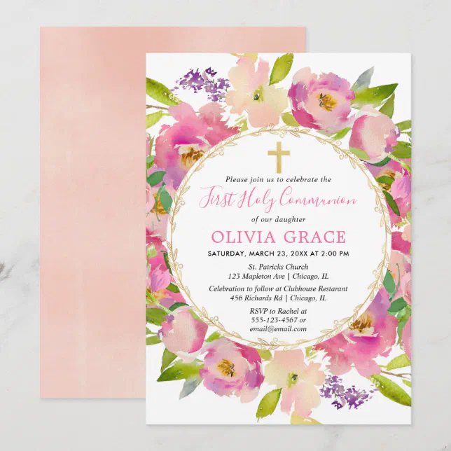 Blush pink floral pastels First Holy Communion Invitation | Zazzle