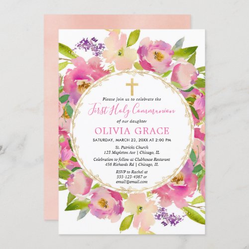 Blush pink floral pastels First Holy Communion Invitation