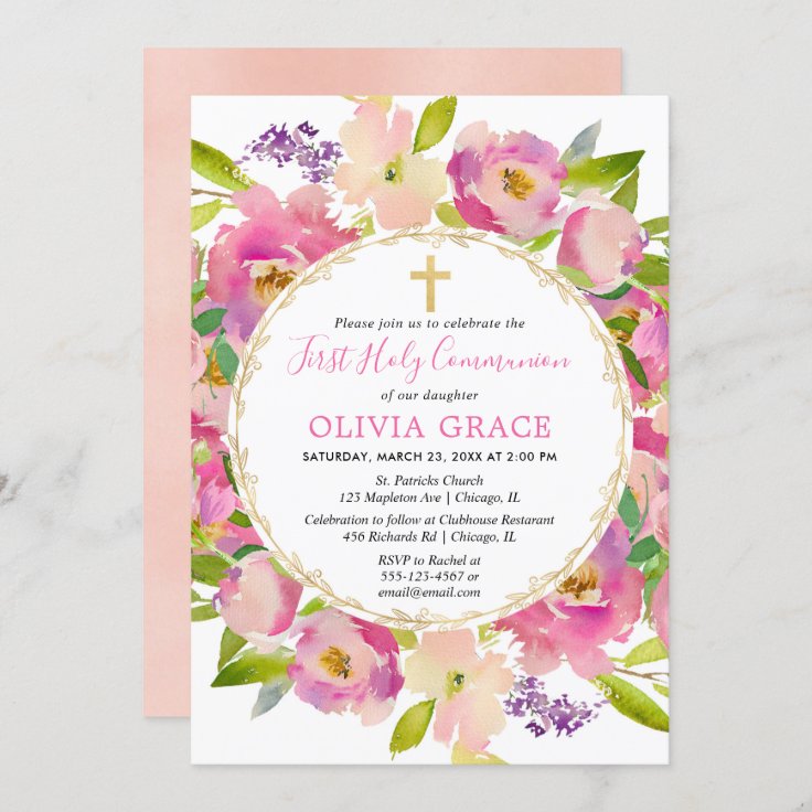 Blush pink floral pastels First Holy Communion Invitation | Zazzle