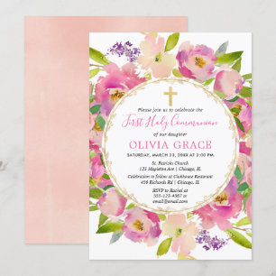 Blush pink floral pastels First Holy Communion Invitation