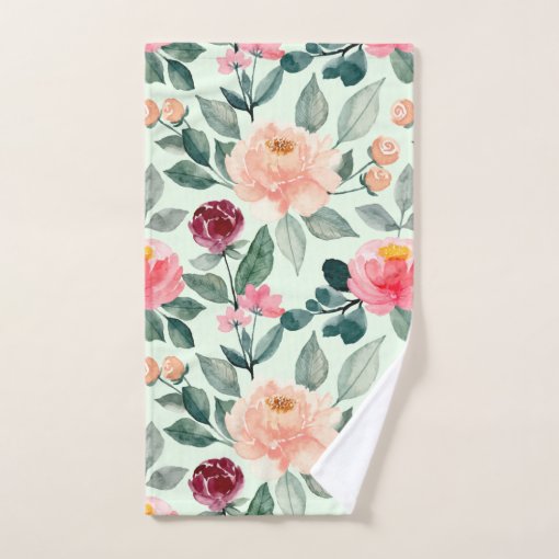 Blush Pink Floral Pattern Mint Bath Towel Set | Zazzle