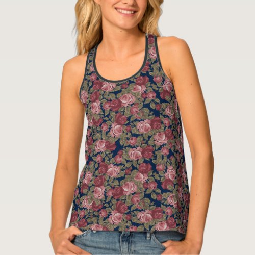 Blush Pink Floral Pattern on Blue Background Tank Top