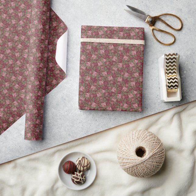 Blush Pink Floral Pattern on Burgundy Background W Wrapping Paper (Crafts)