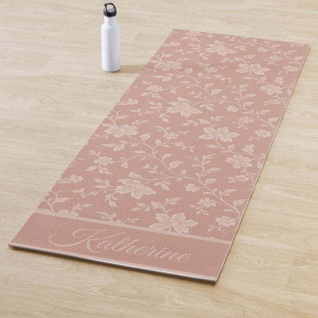 Blush Pink Floral Pattern Script Name Yoga Mat (In Situ)