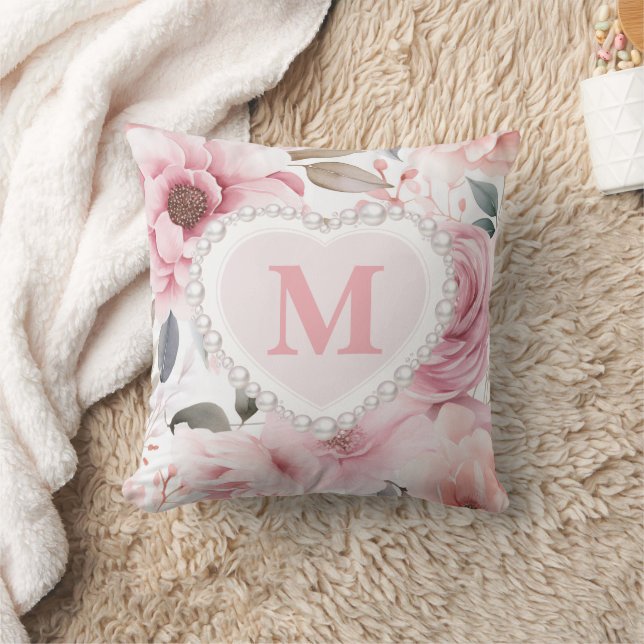 Blush Pink Floral Pearl Heart Monogram  Throw Pillow (Blanket)