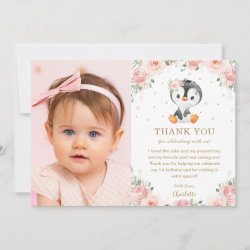 Blush Pink Floral Penguin 1st Birthday Photo Thank You Card