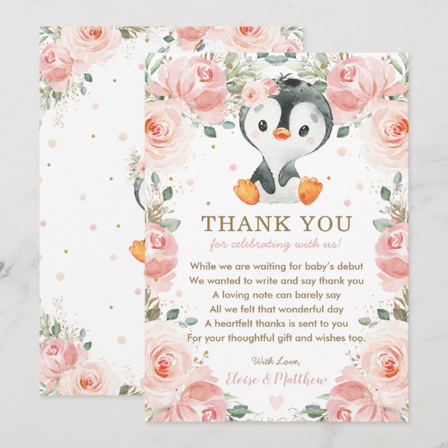 Blush Pink Floral Penguin Baby Shower Birthday  Thank You Card (Front/Back)