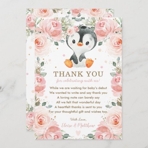 Blush Pink Floral Penguin Baby Shower Birthday  Thank You Card