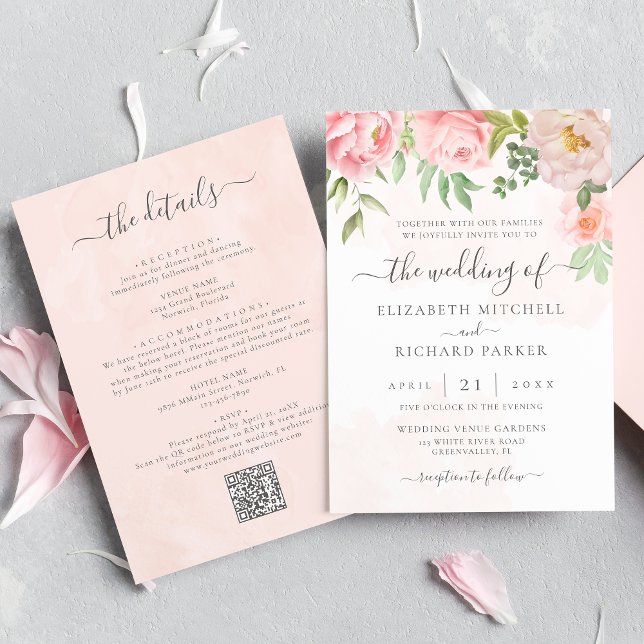 Blush Pink Floral Peony All In One QR Code Wedding Invitation (Creator Uploaded)