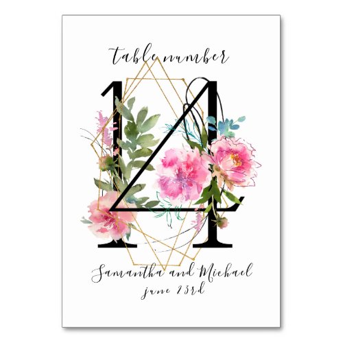 Blush Pink Floral Peony Gold Table Number 14 Sign