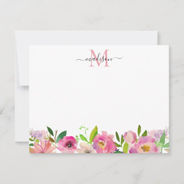 Blush Pink Floral Peony Pastel Feminine Monogram Note Card (Front)