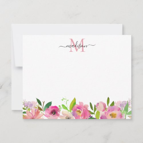 Blush Pink Floral Peony Pastel Feminine Monogram Note Card