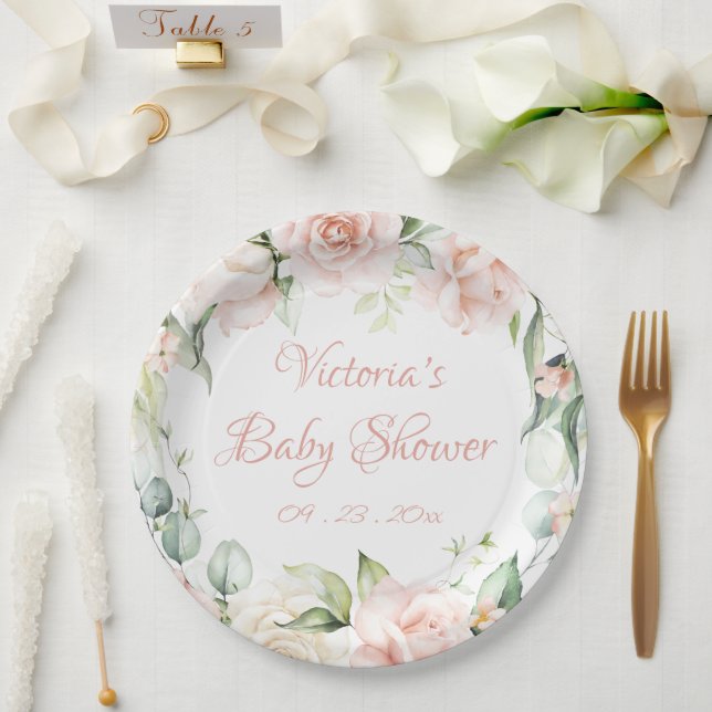 Blush Pink Floral Personalized Baby Shower  Paper Plates (Wedding)