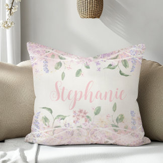 Blush Pink Floral Personalized Name Throw Pillow