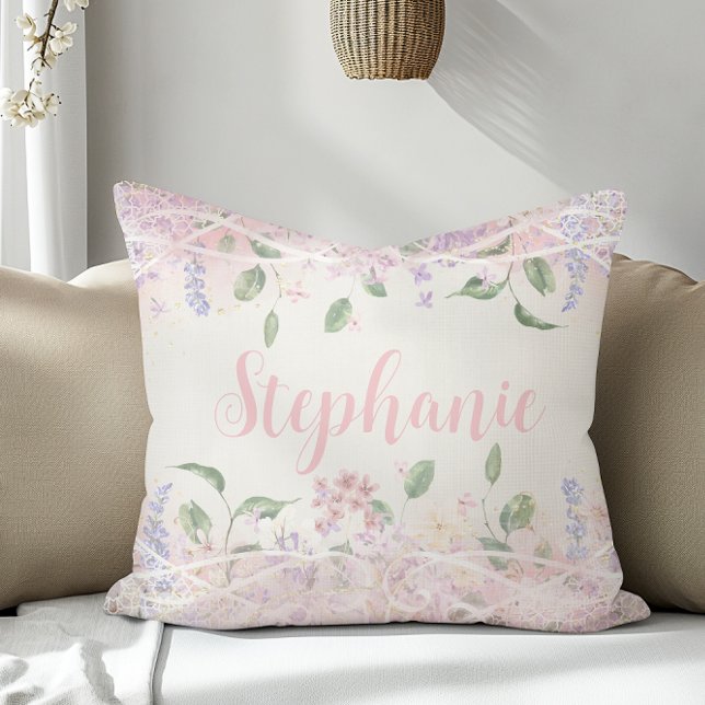 Blush Pink Floral Personalized Name Throw Pillow (Creator Uploaded)
