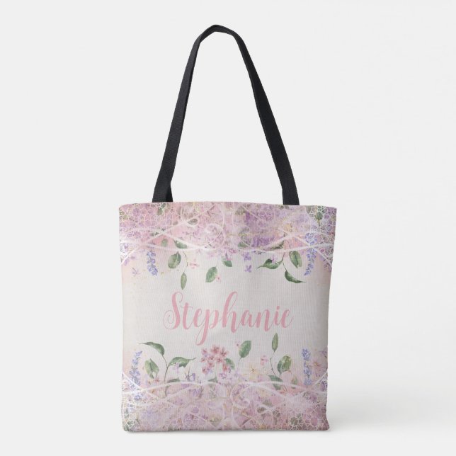 Blush Pink Floral Personalized Name Tote Bag (Back)