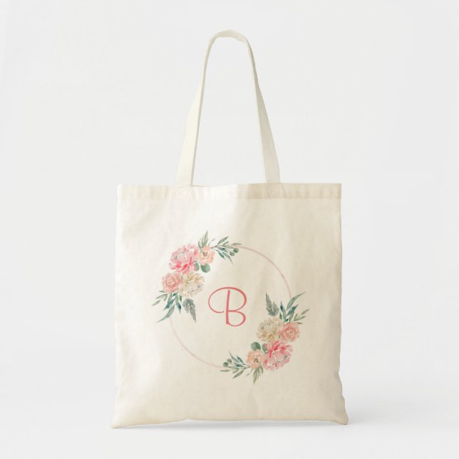 Blush pink floral personalzied monogram gift tote bag (Front)