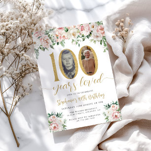 Blush Pink Floral Photo 100th Birthday Invitation