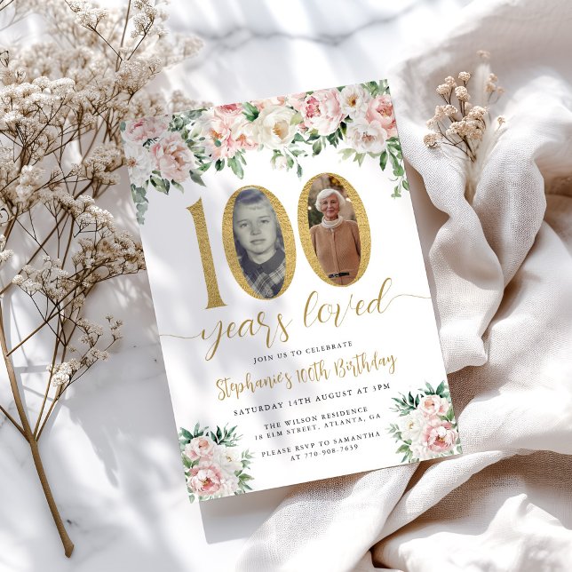 Blush Pink Floral Photo 100th Birthday Invitation (Creator Uploaded)