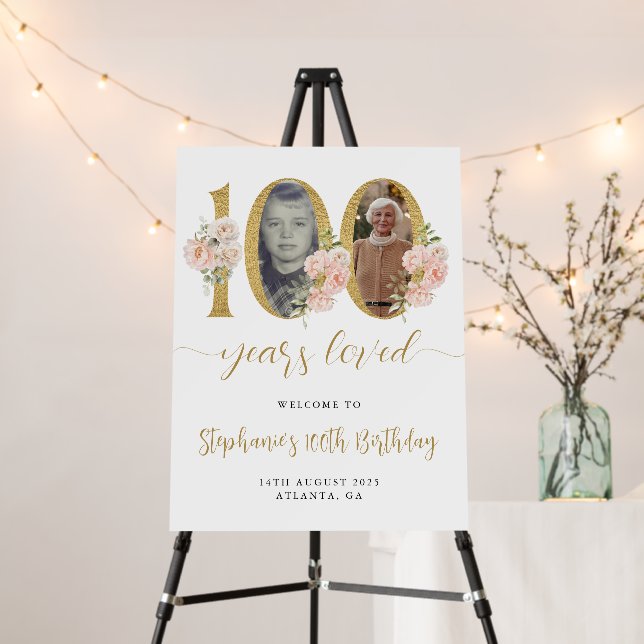 Blush Pink Floral Photo 100th Birthday Welcome Foam Board (In Situ (Stand))