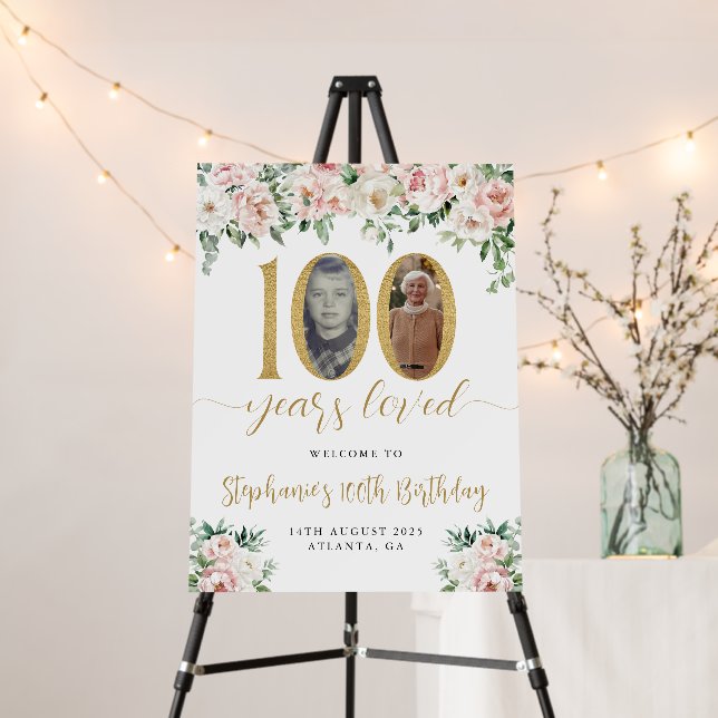Blush Pink Floral Photo 100th Birthday Welcome Foam Board (In Situ (Stand))