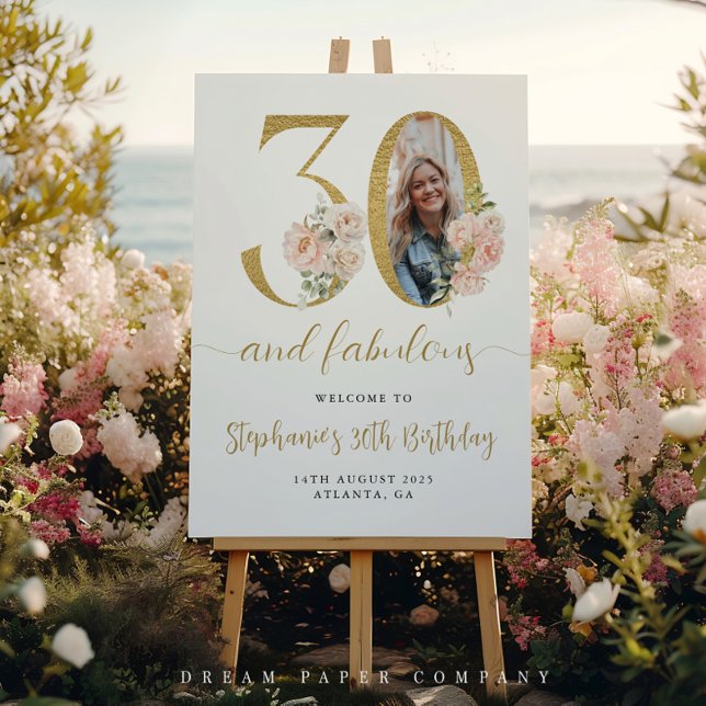 Blush Pink Floral Photo 30th Birthday Welcome Sign (Creator Uploaded)