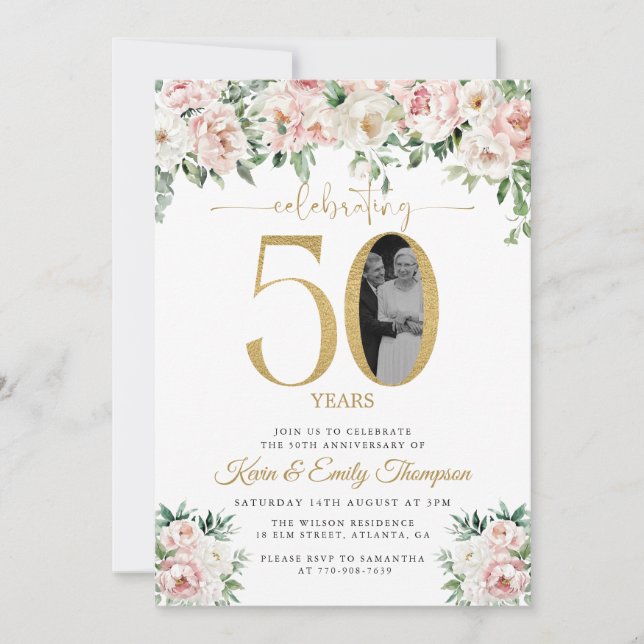 Blush Pink Floral Photo 50th Anniversary Invitation (Front)